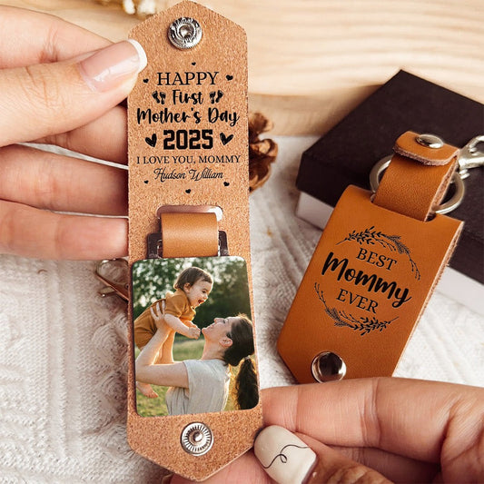 Custom Photo First Mother's Day 2025 Gift From Baby - Personalized Leather Photo Keychain