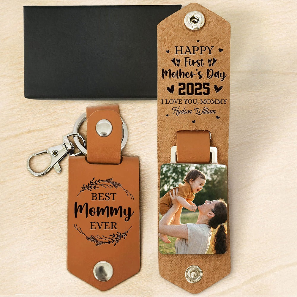 Custom Photo First Mother's Day 2025 Gift From Baby - Personalized Leather Photo Keychain