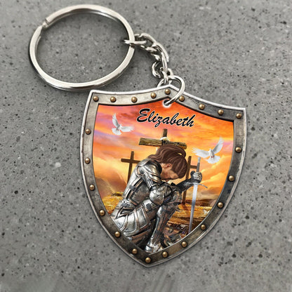 Custom Warrior Of God Take Up The Shield Of Faith - Personalized Christian Shield Acrylic Keychain