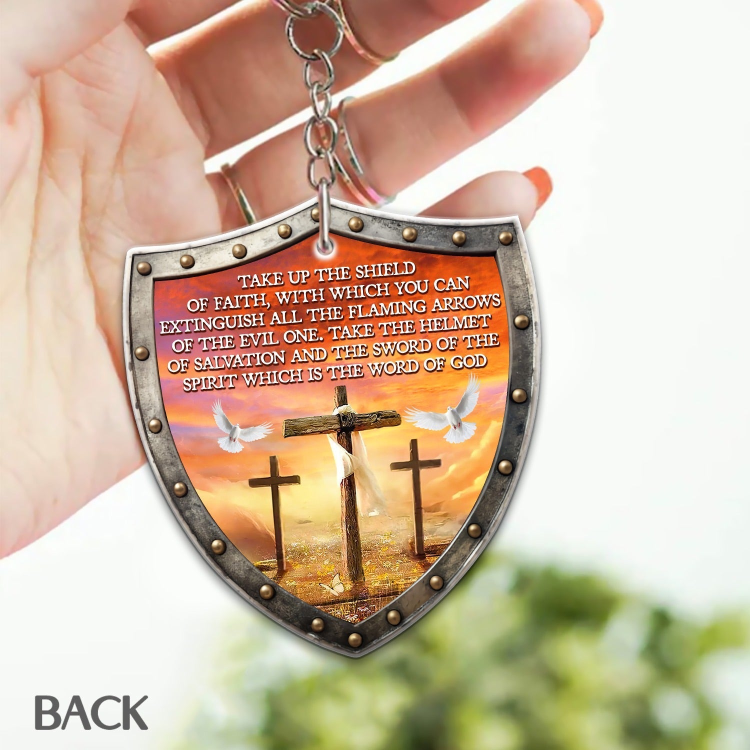 Custom Warrior Of God Take Up The Shield Of Faith - Personalized Christian Shield Acrylic Keychain