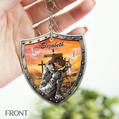 Custom Warrior Of God Take Up The Shield Of Faith - Personalized Christian Shield Acrylic Keychain