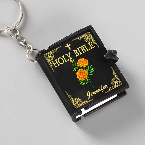 Personalized Birth Flower Holy Bible Keychain, Gift For Christian Mini Bible Keychain