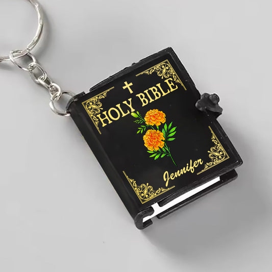 Personalized Birth Flower Holy Bible Keychain, Gift For Christian Mini Bible Keychain