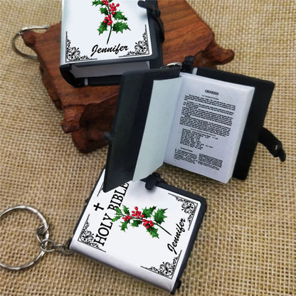 Personalized Birth Flower Holy Bible Keychain, Gift For Christian Mini Bible Keychain