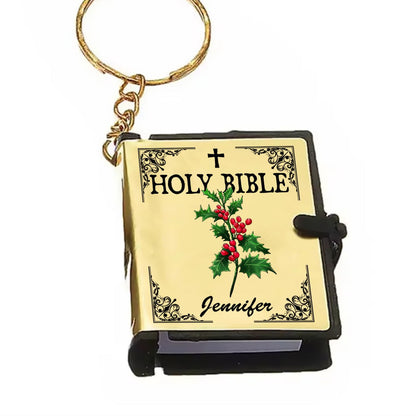 Personalized Birth Flower Holy Bible Keychain, Gift For Christian Mini Bible Keychain
