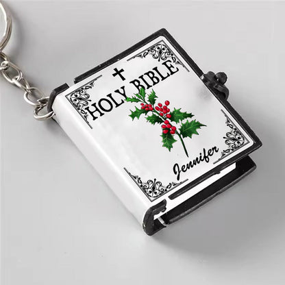 Personalized Birth Flower Holy Bible Keychain, Gift For Christian Mini Bible Keychain