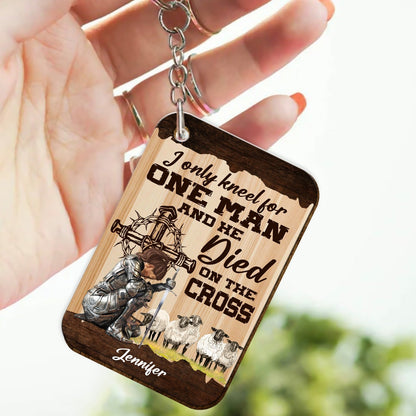 Personalized Warrior Of God I Only Kneel For One Man and He Died On The Cross Wooden Keychain