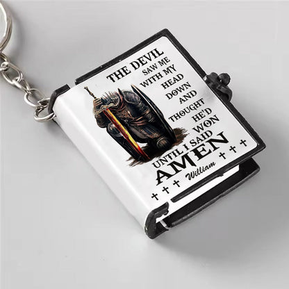 Personalized Warrior Of God The Devil Saw Me With My Head Down Mini Bible Keychain