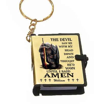 Personalized Warrior Of God The Devil Saw Me With My Head Down Mini Bible Keychain