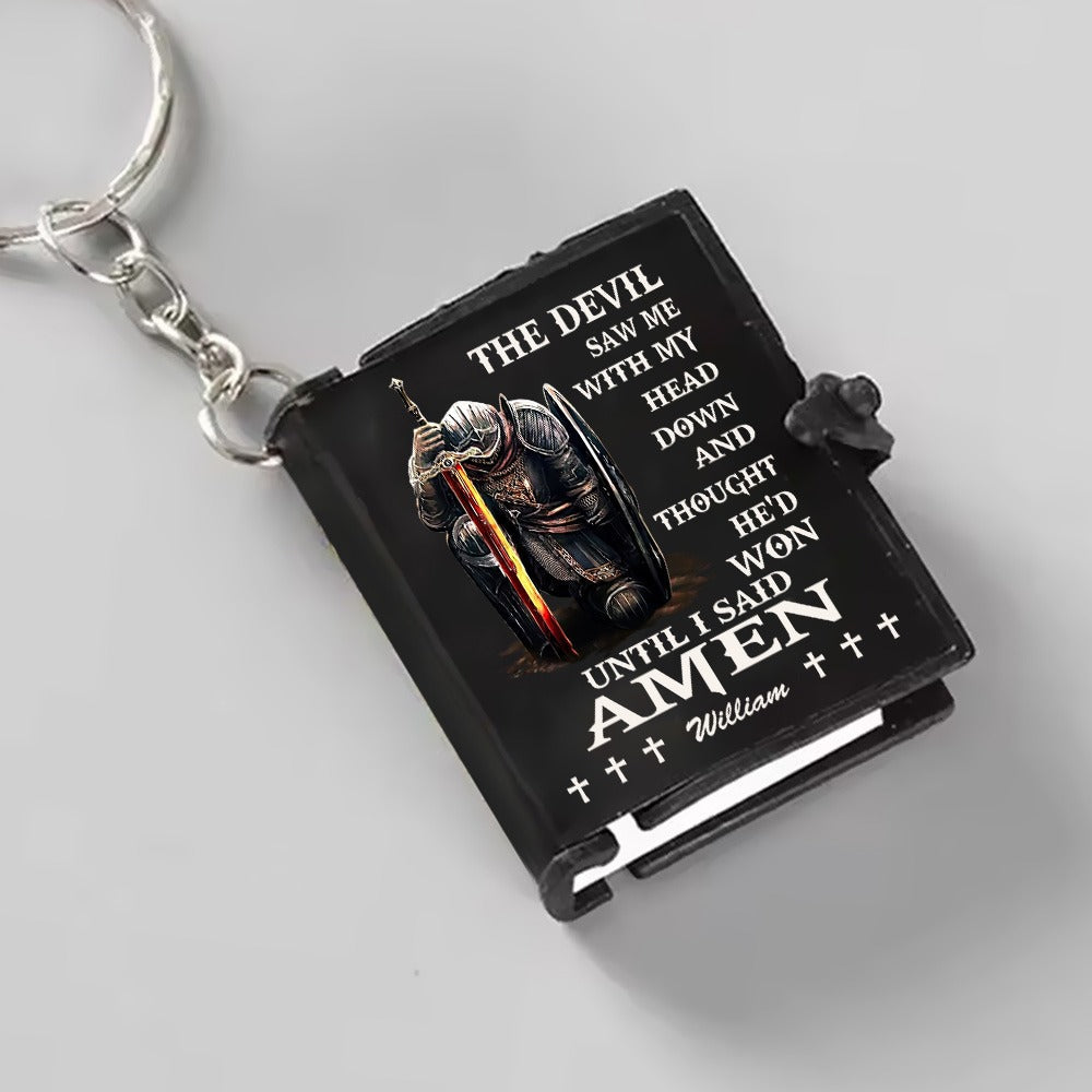Personalized Warrior Of God The Devil Saw Me With My Head Down Mini Bible Keychain