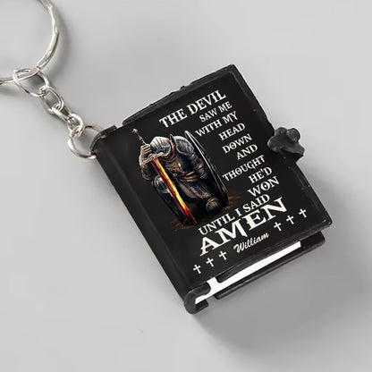 Personalized Warrior Of God The Devil Saw Me With My Head Down Mini Bible Keychain
