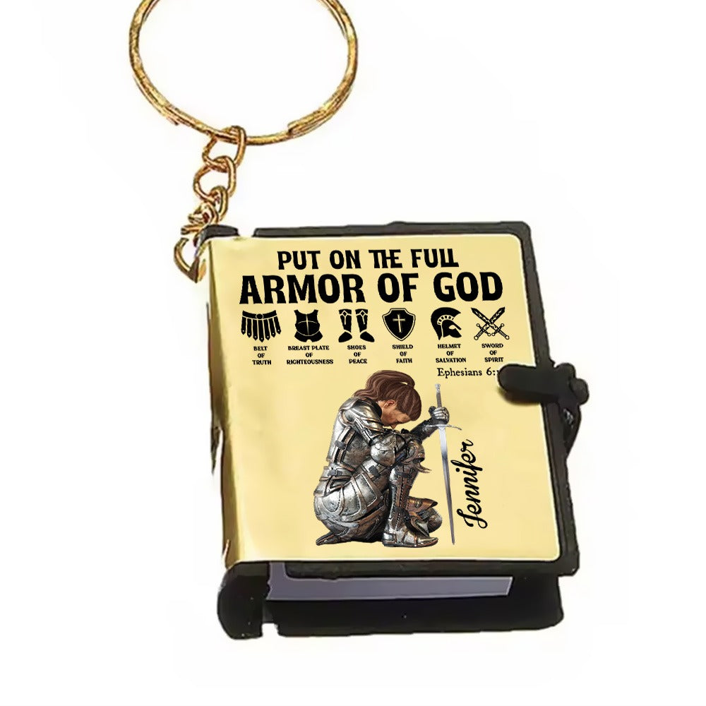 Personalized Woman Warrior Of God Put On The Full Armor Of God Ephesians 6:10 Mini Bible Keychain