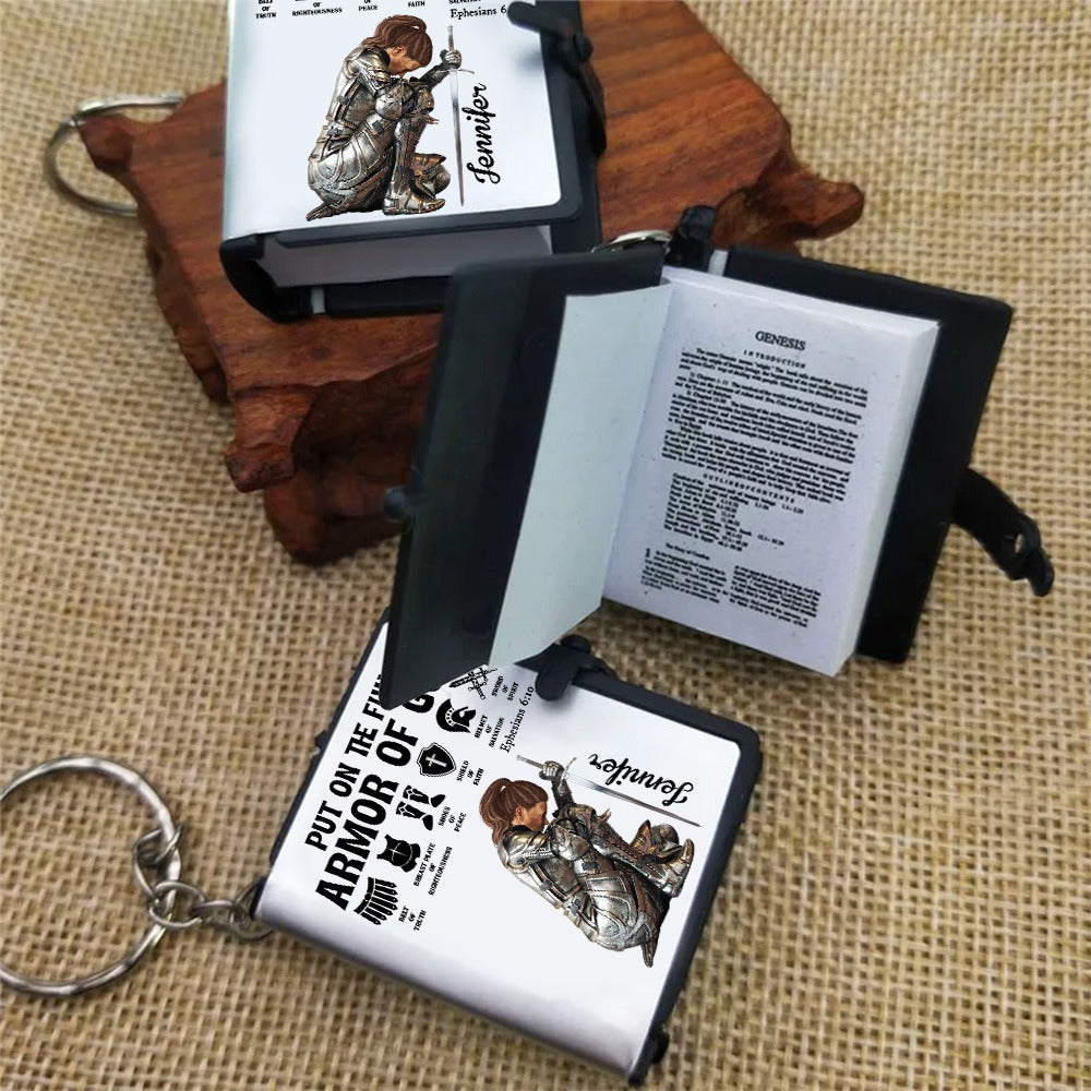 Personalized Woman Warrior Of God Put On The Full Armor Of God Ephesians 6:10 Mini Bible Keychain