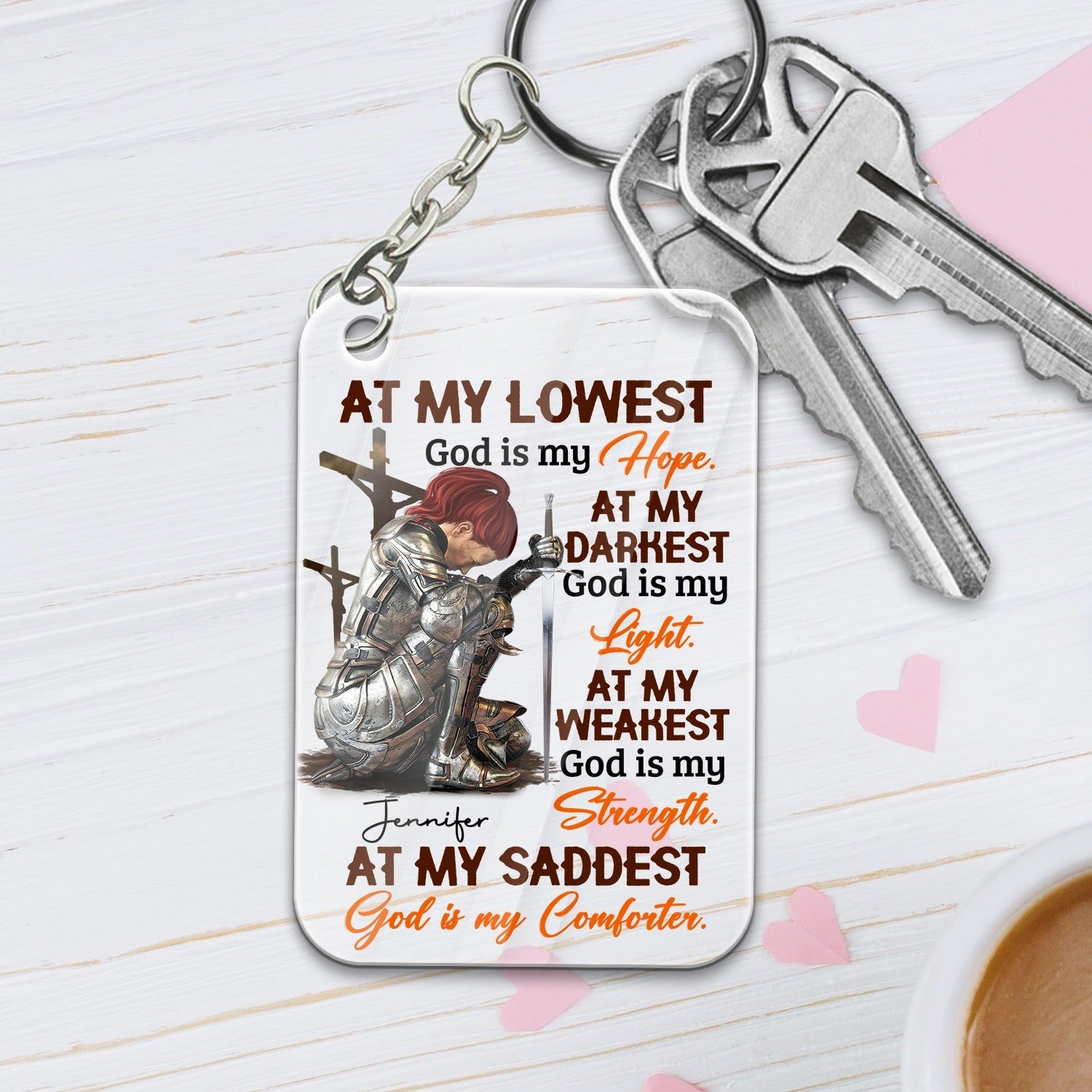 Personalized Woman Warrior Of God At My Lowest God Is My Hope At My Darkest God Is My Light Acrylic Keychain