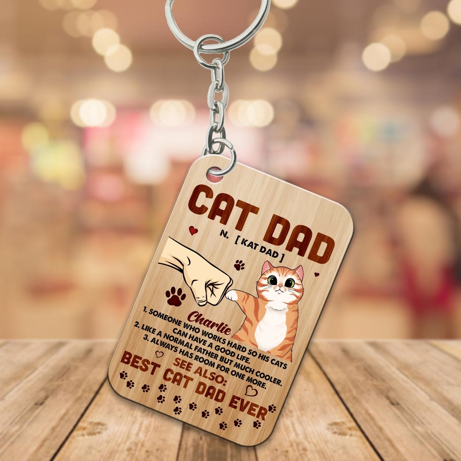 Personalized Cat Dad Someone Who Works Hard So His Cats Can Have A Good Life Wooden Keychain