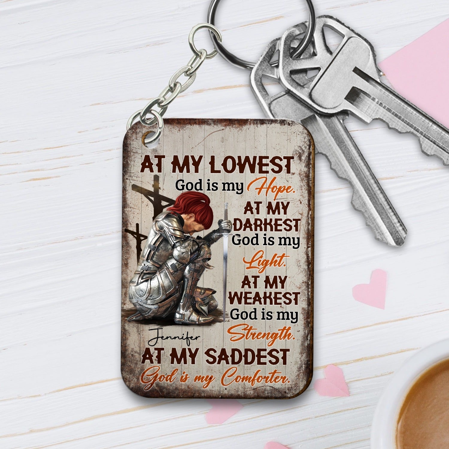 Personalized Woman Warrior Of God At My Lowest God Is My Hope At My Darkest God Is My Light Wooden Keychain