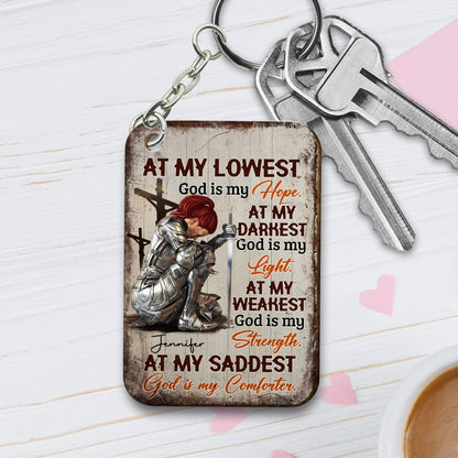 Personalized Woman Warrior Of God At My Lowest God Is My Hope At My Darkest God Is My Light Wooden Keychain