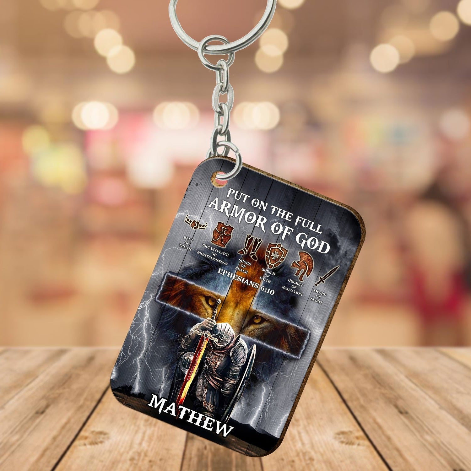 Personalized Man Warrior Of God Put On The Full Armor of God Ephesians 6-10 Wooden Keychain