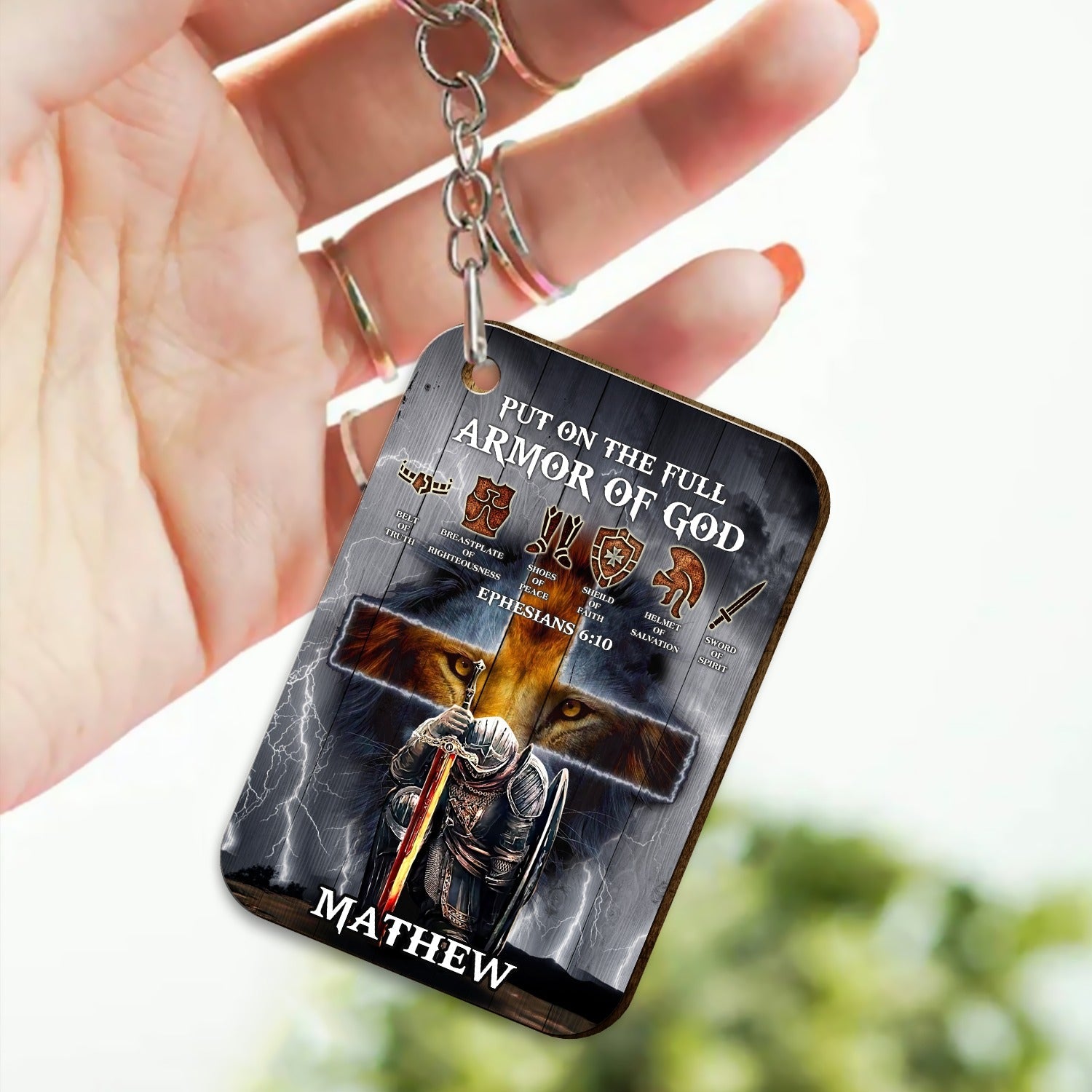 Personalized Man Warrior Of God Put On The Full Armor of God Ephesians 6-10 Wooden Keychain