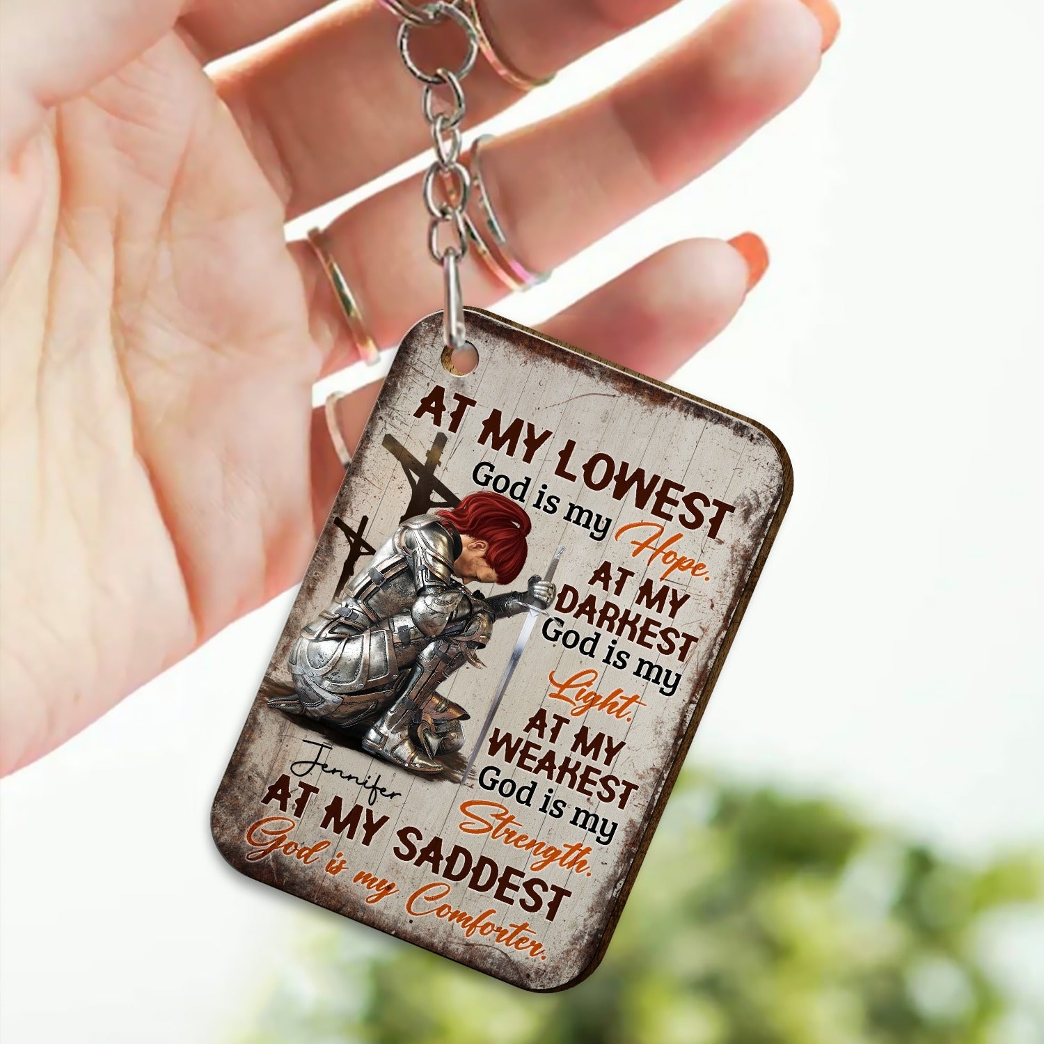 Personalized Woman Warrior Of God At My Lowest God Is My Hope At My Darkest God Is My Light Wooden Keychain