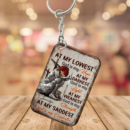 Personalized Woman Warrior Of God At My Lowest God Is My Hope At My Darkest God Is My Light Wooden Keychain