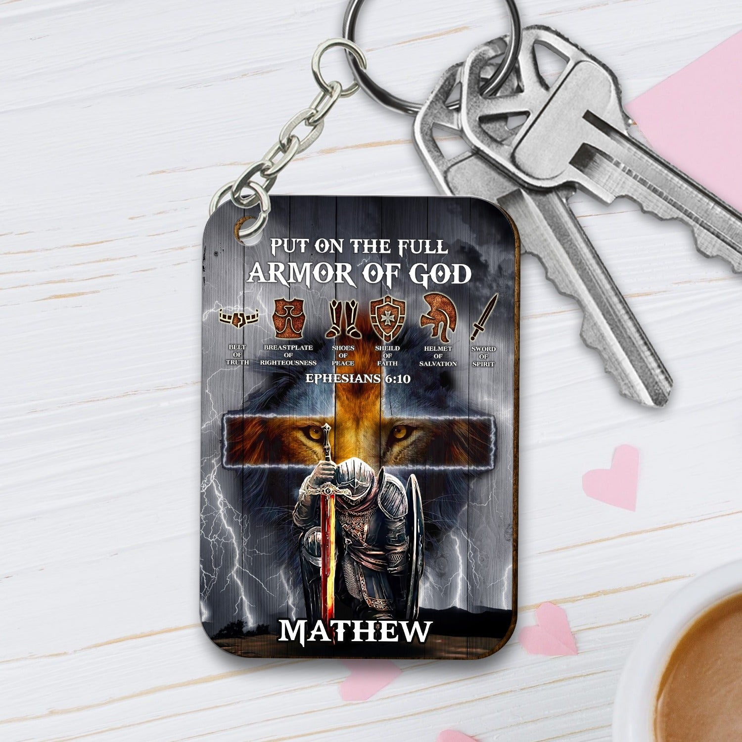 Personalized Man Warrior Of God Put On The Full Armor of God Ephesians 6-10 Wooden Keychain