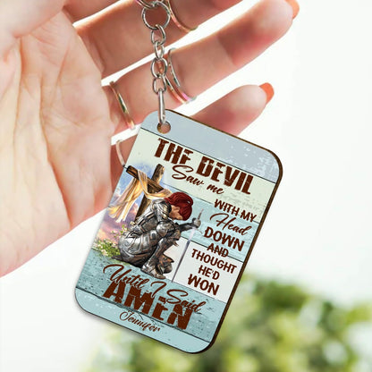 Personalized Woman Warrior Of God The Devil Saw Me With My Head Down And Though He Would Won Until I Said Amen Wooden Keychain