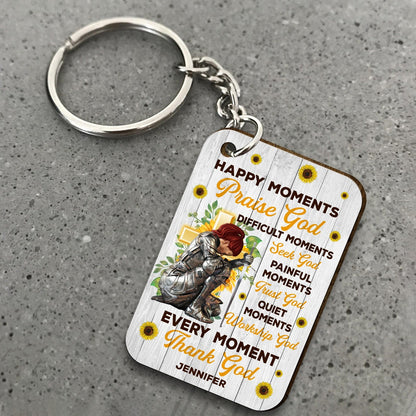 Personalized Woman Warrior Of God Happy Moments Praise God Difficult Moments Seek God Quiet Moments Wooden Keychain