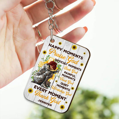 Personalized Woman Warrior Of God Happy Moments Praise God Difficult Moments Seek God Quiet Moments Wooden Keychain
