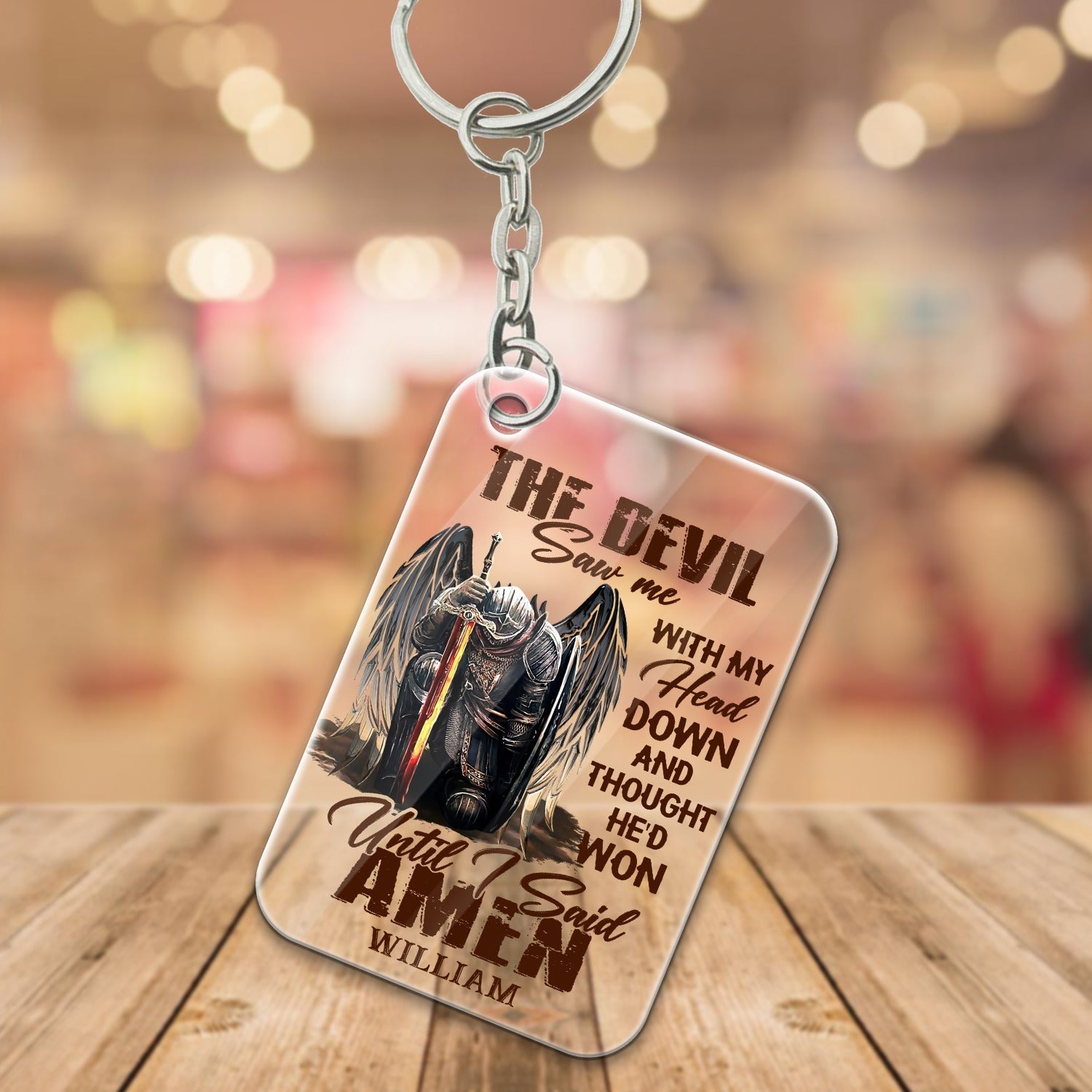 Personalized Man Warrior Of God The Devil Saw Me With My Head Down And Though He Would Won Until I Said Amen Acrylic Keychain