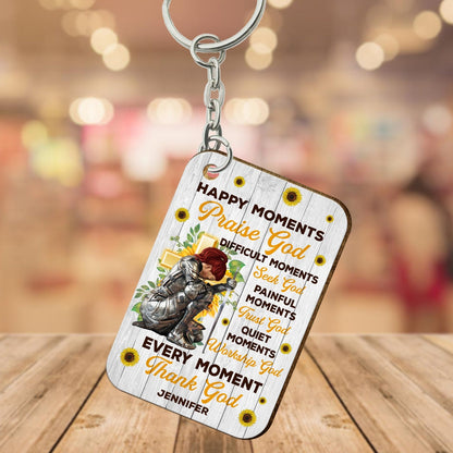 Personalized Woman Warrior Of God Happy Moments Praise God Difficult Moments Seek God Quiet Moments Wooden Keychain